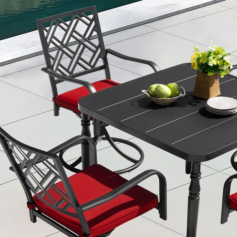 5PCS Metal Patio Dining Set with Umbrella Hole, Swivel Chairs with Cushions