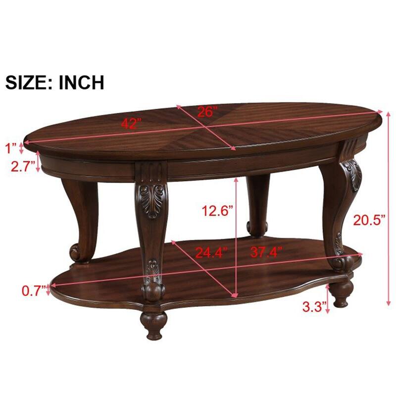 42" Oval Wood Coffee Table for Living Room,2-Tier Solid Wood Cocktail Table with Open Storage Shelf, Easy Assembly