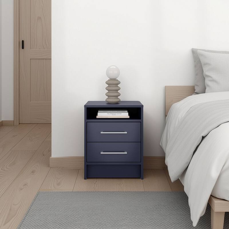 Modern Nightstand with Open Shelf and Two Drawers, Minimalist Design, Metal Hardware - Blue