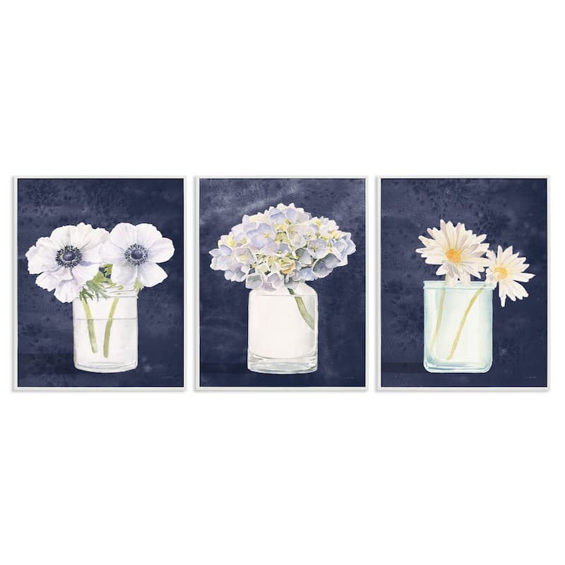 Stupell Farmhouse Flower Bouquets Navy Blue White Painting,3pc,3pc Multi Piece Framed Wall Art Set - 16 x 20 - White