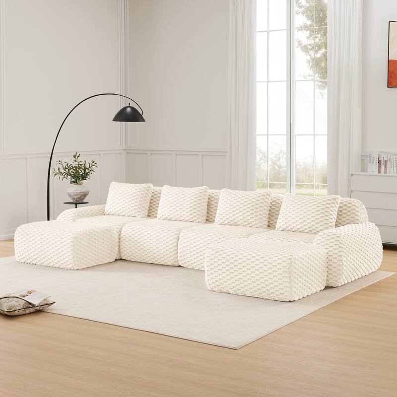 Oversized Modular Sectional Sofa with Movable Ottoman, 4 Seat Modern Flannelette Fabric Sofa Set Floor Armrests Sofa - Cream 4 Seat - 2 Ottoman