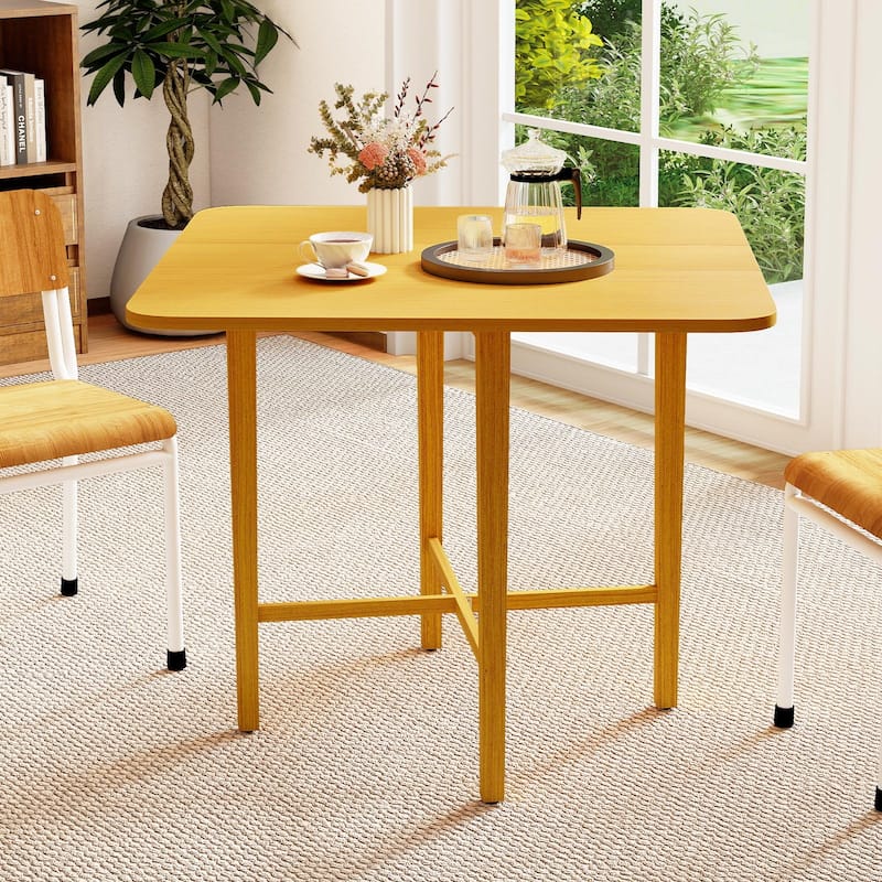 Foldable Dining Table with Drop Leaf Natural and Walnut Rubber Wood Convertible Kitchen Table for Small Spaces