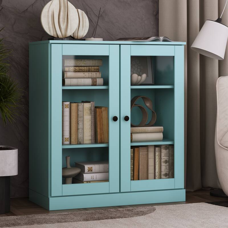 Palace Imports 100% Solid Wood 3-Shelf Bookcase, Clear Glass Doors, Adjustable Shelves, 32" Wide, 35.75" Tall - Aqua