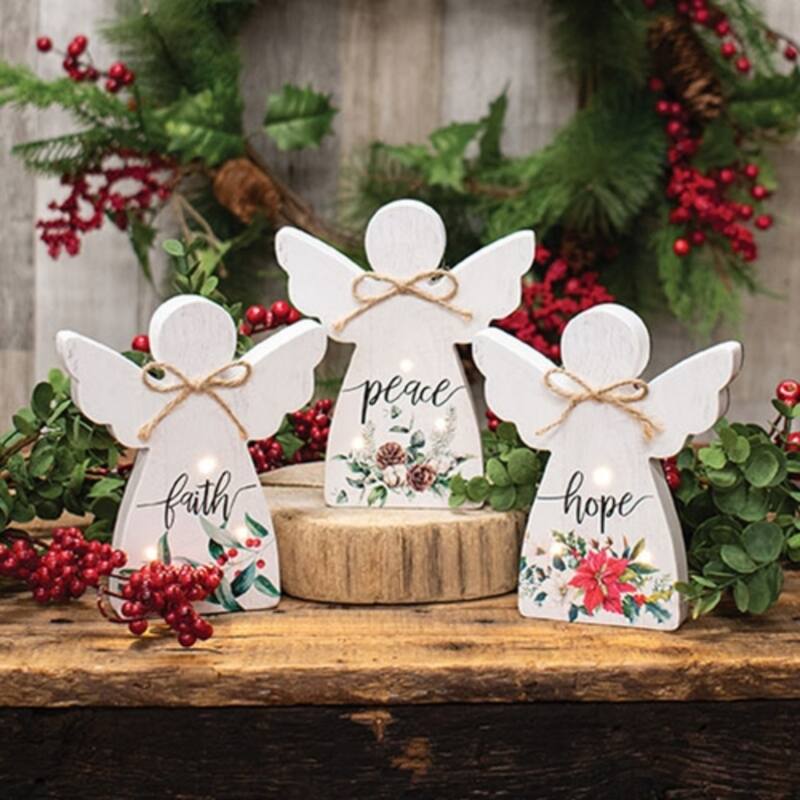 White Wood Angel LED Sitters with Rustic Carved Design and Jute Bows, 3 Asstd. - 5” L X 0.88” W x 6” H