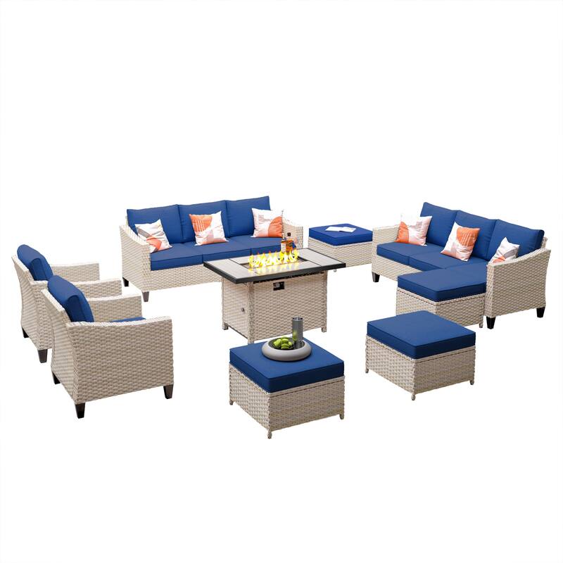 HOOOWOOO 9-piece Wicker Outdoor Patio Seating Set with Fire Pit Table