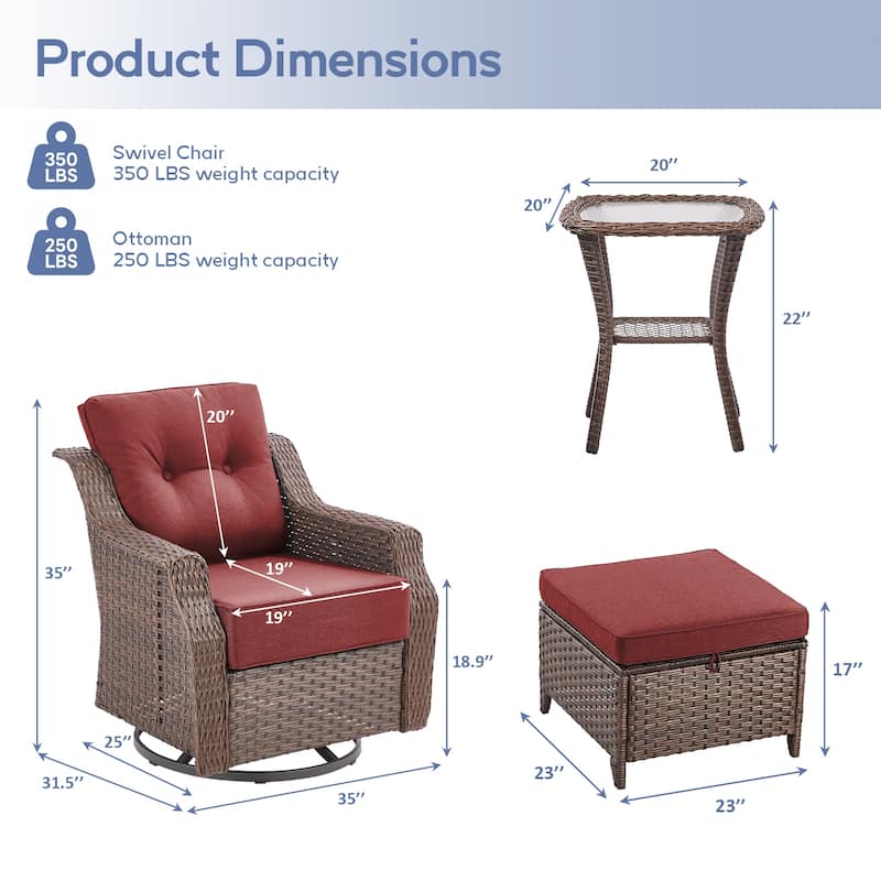 3 Pieces Swivel Chairs Ottomans with Table - Grey Cushion - Brown