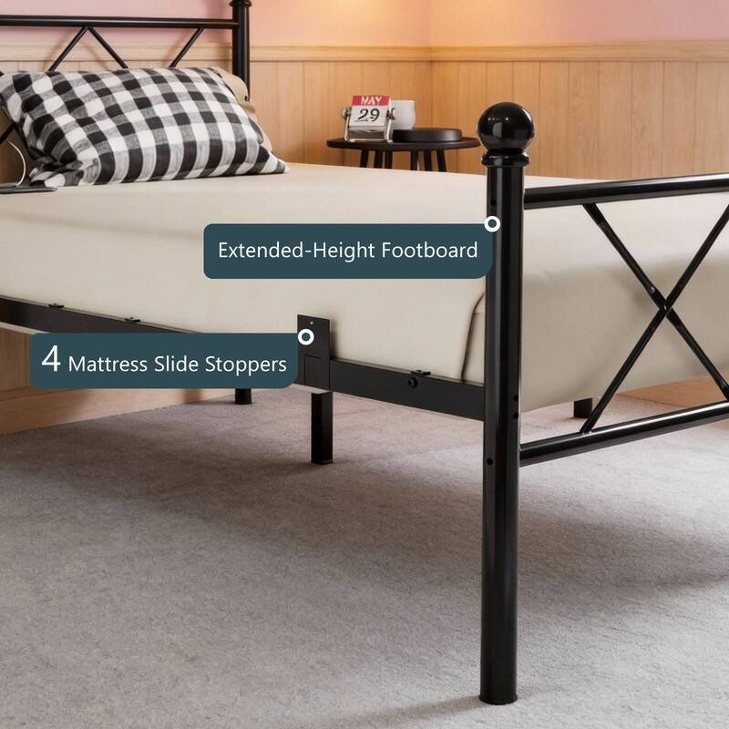 Twin Size Metal Platform Bed with RGB LED Lights,Charging Station,Heavy Duty,Remote and App Control,Under Bed Storage