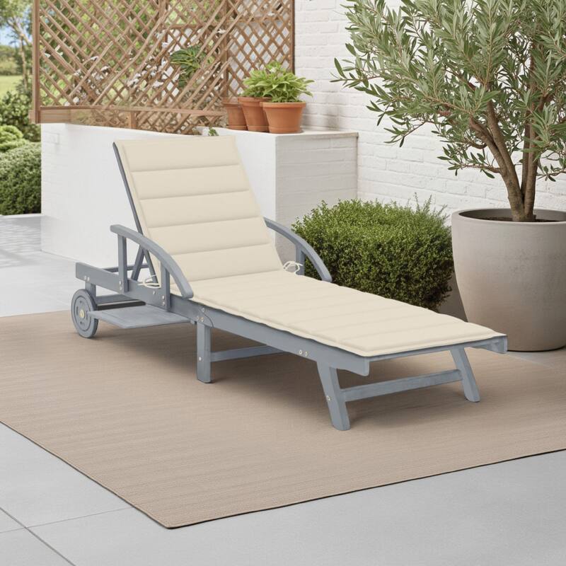 Kaye Outdoor Sun Lounger, 79 Inch Gray Acacia Wood, Cream Polyester