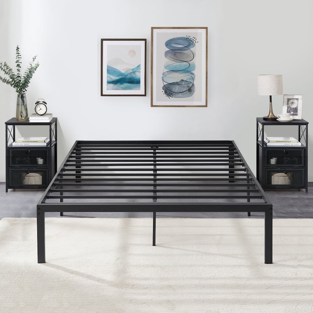 3 Piece Bedroom Set, 14.2-Inch Metal Bed Frame with Nightstand set of 2