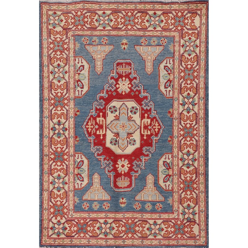 Blue Geometric Kazak Accent Rug Handmade Wool Carpet - 3'2"x 4'8"