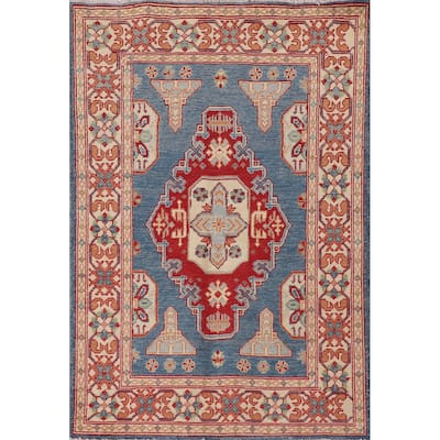 Blue Geometric Kazak Accent Rug Handmade Wool Carpet - 3'2"x 4'8"