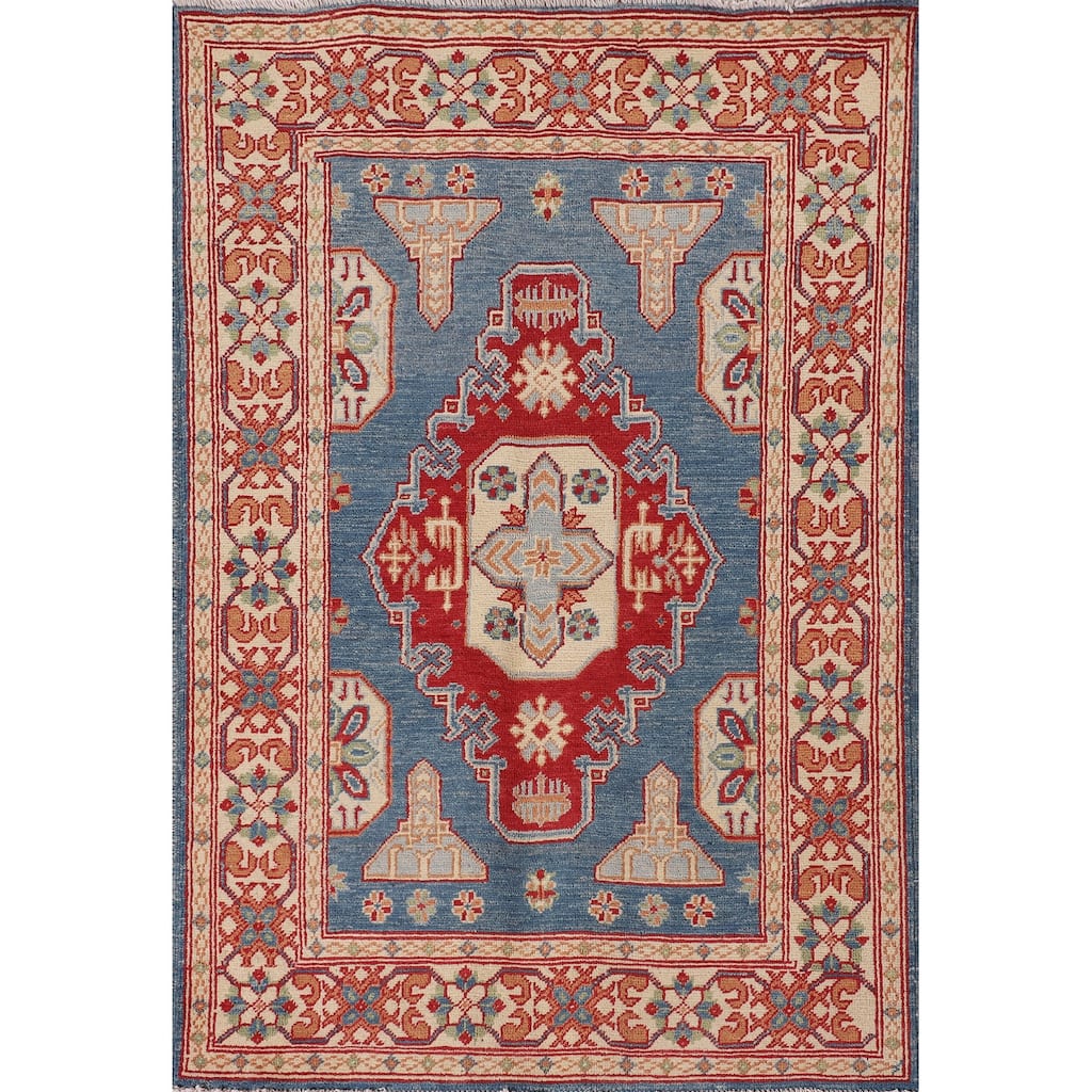 Blue Geometric Kazak Accent Rug Handmade Wool Carpet - 3'2"x 4'8"