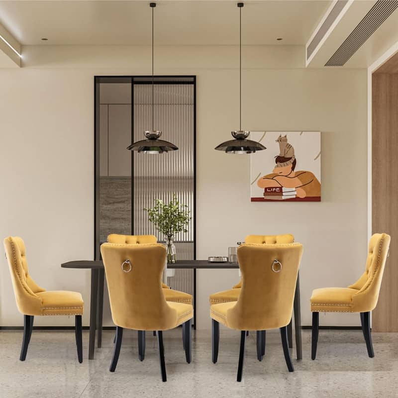 Tufted Naliheads Solid Wood Upholstered Dining Chairs Set of 6 - Gold BlackLegs