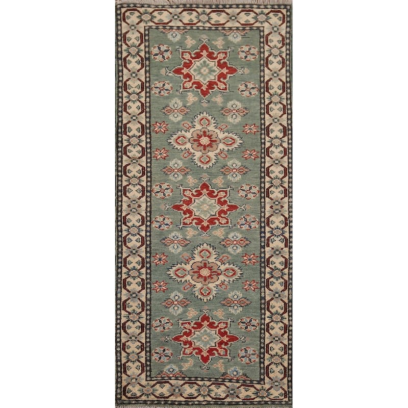 Green Geometric Kazak Oriental Runner Rug Handmade Wool Carpet - 2'2" x 5'11"