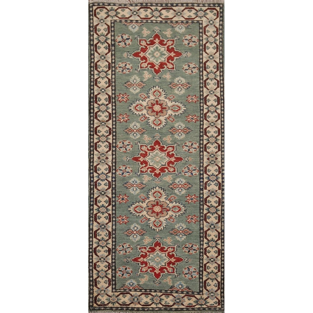 Green Geometric Kazak Oriental Runner Rug Handmade Wool Carpet - 2'2" x 5'11"