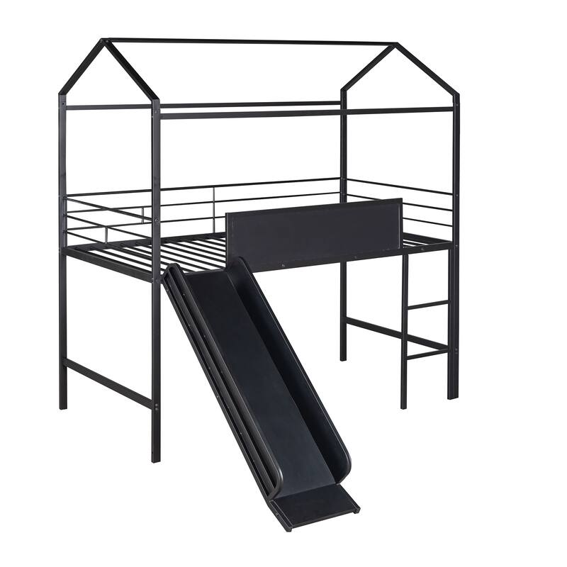 Twin Size Metal Loft Bed with Slide and Writable Wooden Board