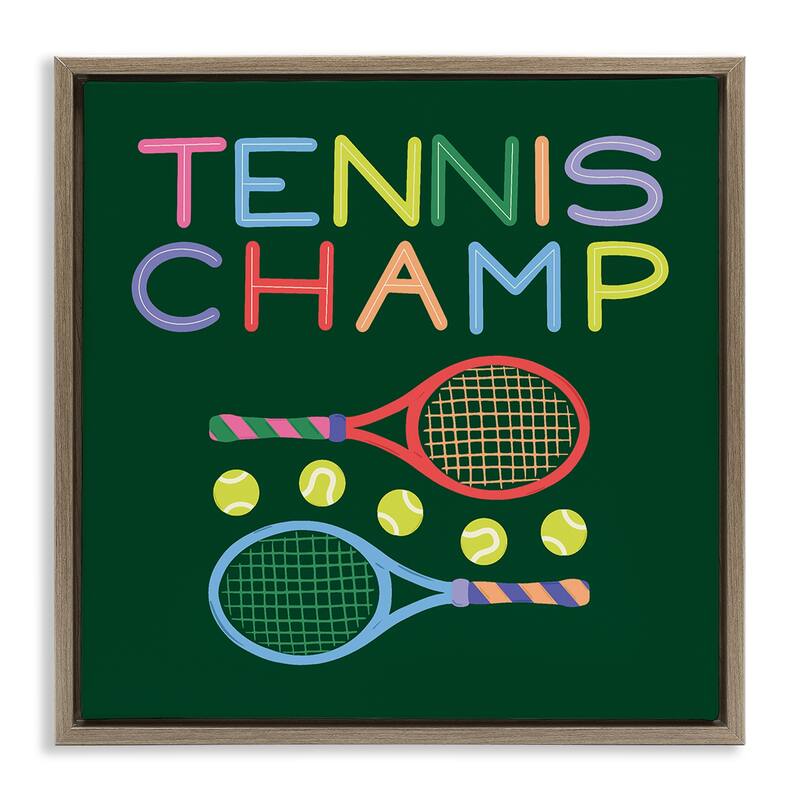 Stupell Tennis Champ Racket & Balls Framed Floater Canvas Wall Art Design By Sazerelli Designs - 18 x 18 - Brown