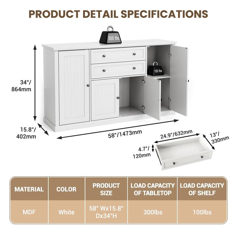 58" Farmhouse Buffet Cabinet, Sideboard Buffet Storage Cabinet with 2 Large Drawers and 4 Grooved Barn Doors