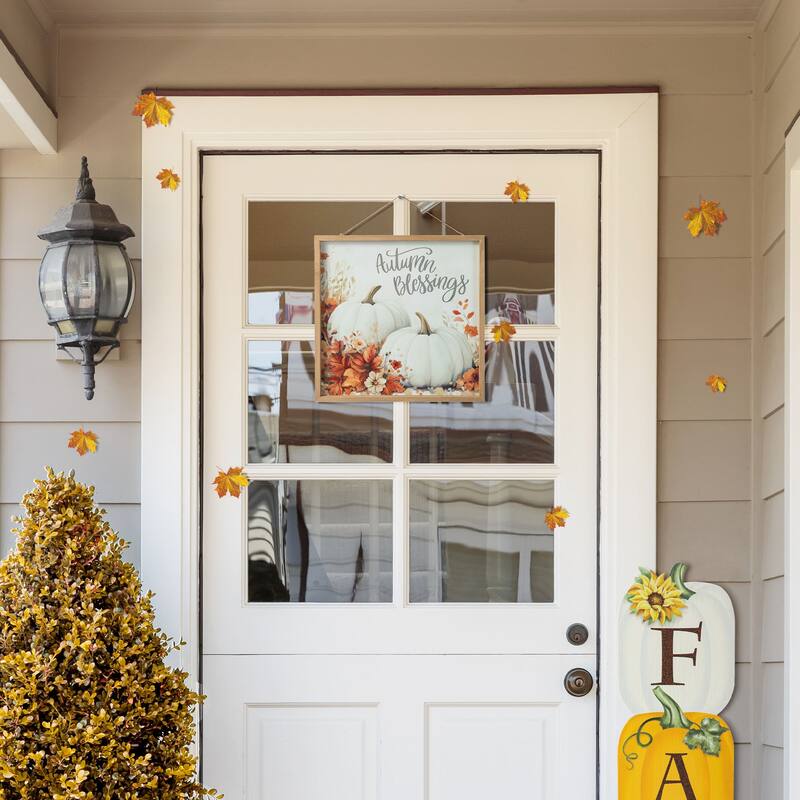 Glitzhome 15.75"H Fall Wooden Ivory Pumpkin Autumn Greeting Wall Art
