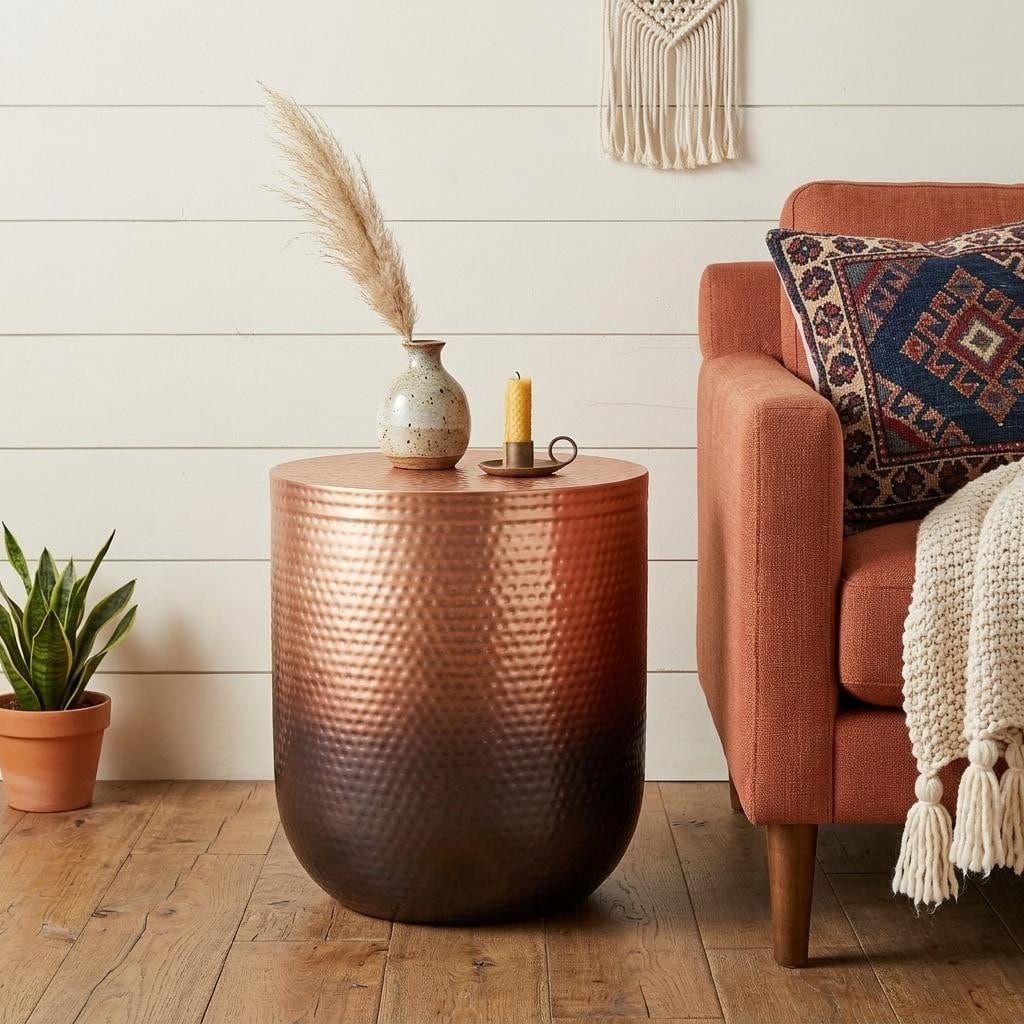 HomeRoots 22" Hammered Copper and Black Iron Round Drum End Table - 18.90 in. x 22.40 in. x 18.90 in.