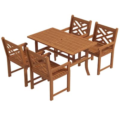 5-Piece Teak Poplar Wood Outdoor Dining Set with Slatted Chairs for Patio Seating - 22.75" W x 23.25" D x 35.75" H