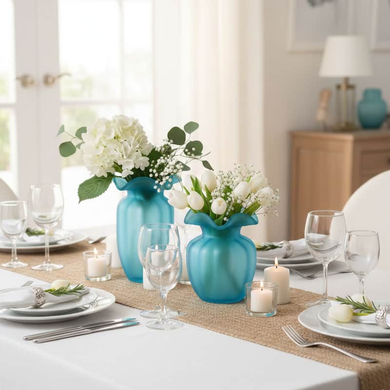 Fleurine Set of 2 Fluted Blooming Decorative Glass Flower Table Vases