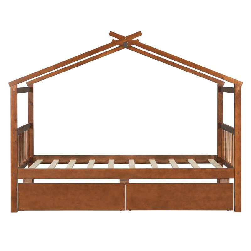 Twin Size Wooden House Bed with Drawers, Walnut Finish