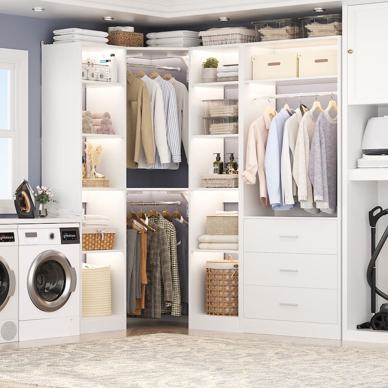 Kyrvo 63.2'' W Set of 2 Freestanding Corner Closet System with 3 Wood Drawers and 3 Hanging Rods for Walk-in/Reach-in Closet - White
