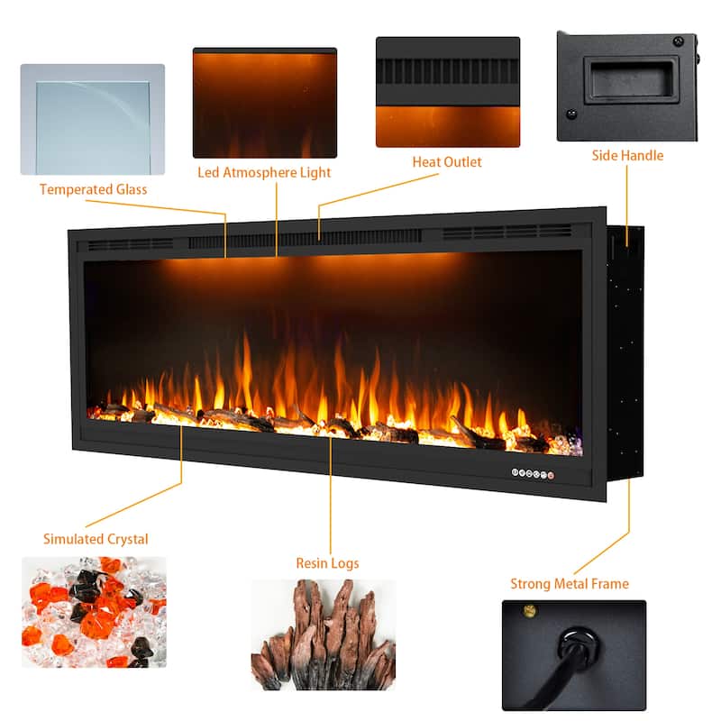 74inches Wall Mounted and Recessed Electric Fireplace,1500W/750W