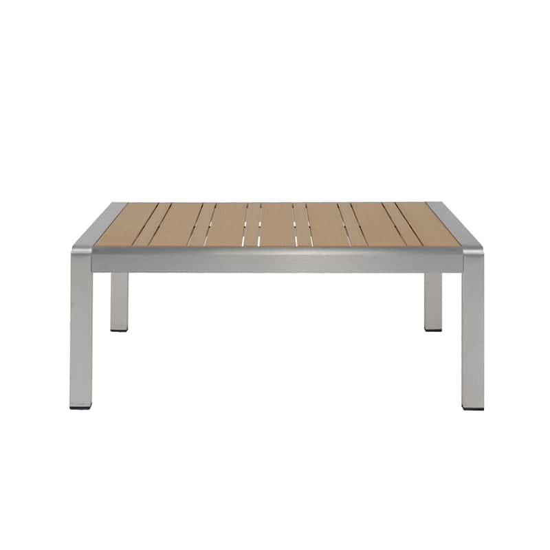 Roomfitters Modern Outdoor Patio Sofa Set, Aluminum Frame with Cushions & Wood-Style Table, Beige+Silver