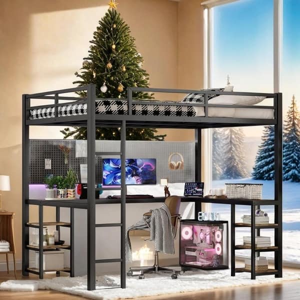 slide 2 of 16, Industrial Modern Full XL Metal Loft Bed with Desk and Shelves, Loft Bed with Ladder and Guardrails, Black with Black Desk