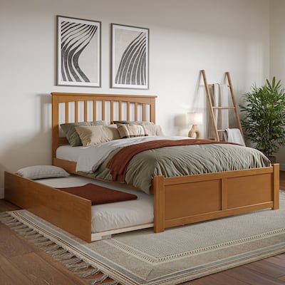 Solid Wood Platform Bed with Trundle - Full Size Bed Frame, Light Toffee Finish