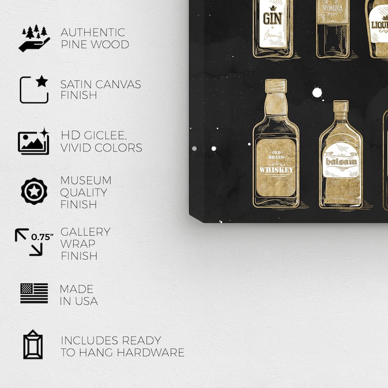 Wynwood Studio Canvas Drinks and Spirits Liquor Collection Black and Metallic Gold Glam Wall Art Canvas Print