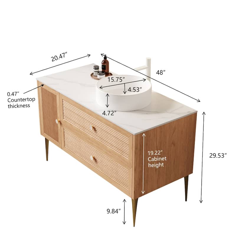 GDFStudio - Munin Freestanding Bathroom Vanity with Ceramic Sink, 4 Metal Legs, Oak Woodgrain Color, WITHOUT Faucet