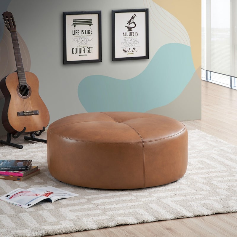GDFStudio - Rochelin Modern 36" Genuine Leather Tufted Cocktail Ottoman