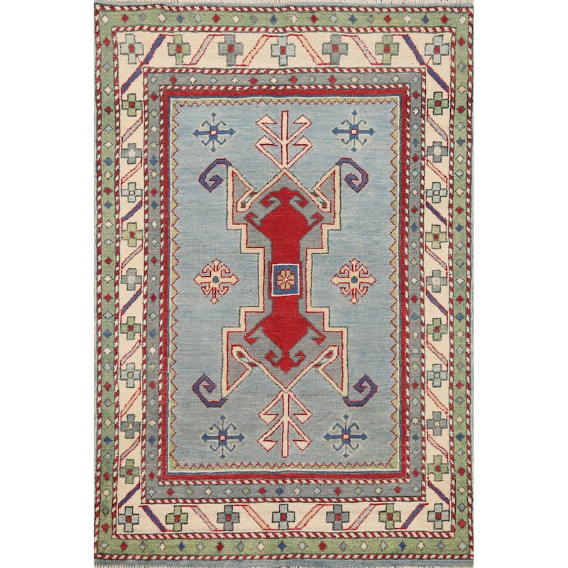 Light Blue Geometric Kazak Accent Rug Handmade Wool Carpet - 3'3" x 4'11"