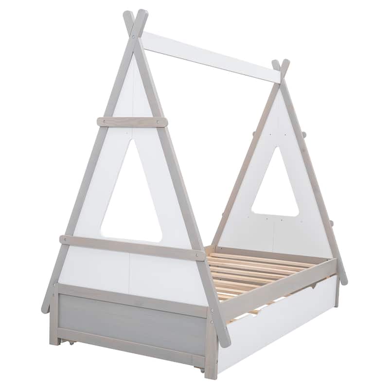 Twin Size Tent Floor Bed with Pull-out Trundle, Pine Wood Construction ...
