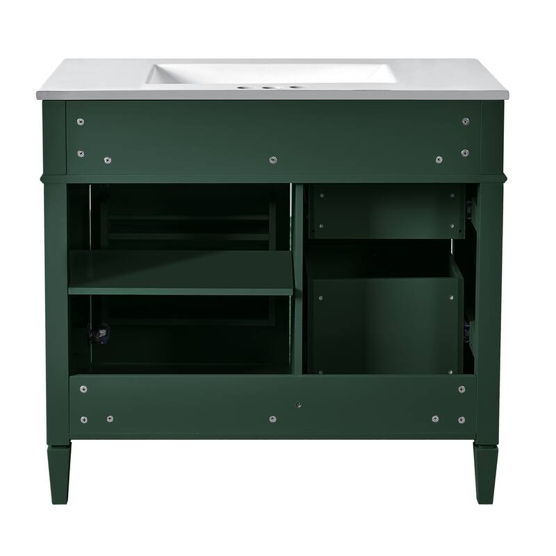 Modern Single Sink Bathroom Vanity Cabinet with Door Rack, Tip-out Drawer, 2 Pull-out Drawers, Metal Knobs and Adjustable Shelf