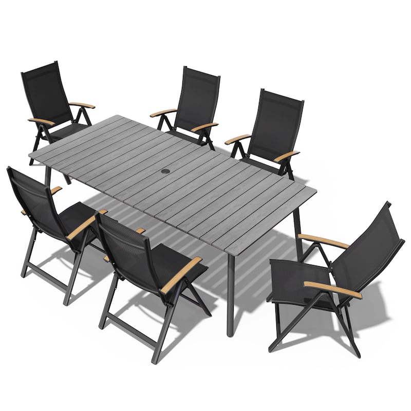 7/9-Piece Outdoor Rectangle Aluminum Dining Table with Umbrella Hole include Folding Chairs