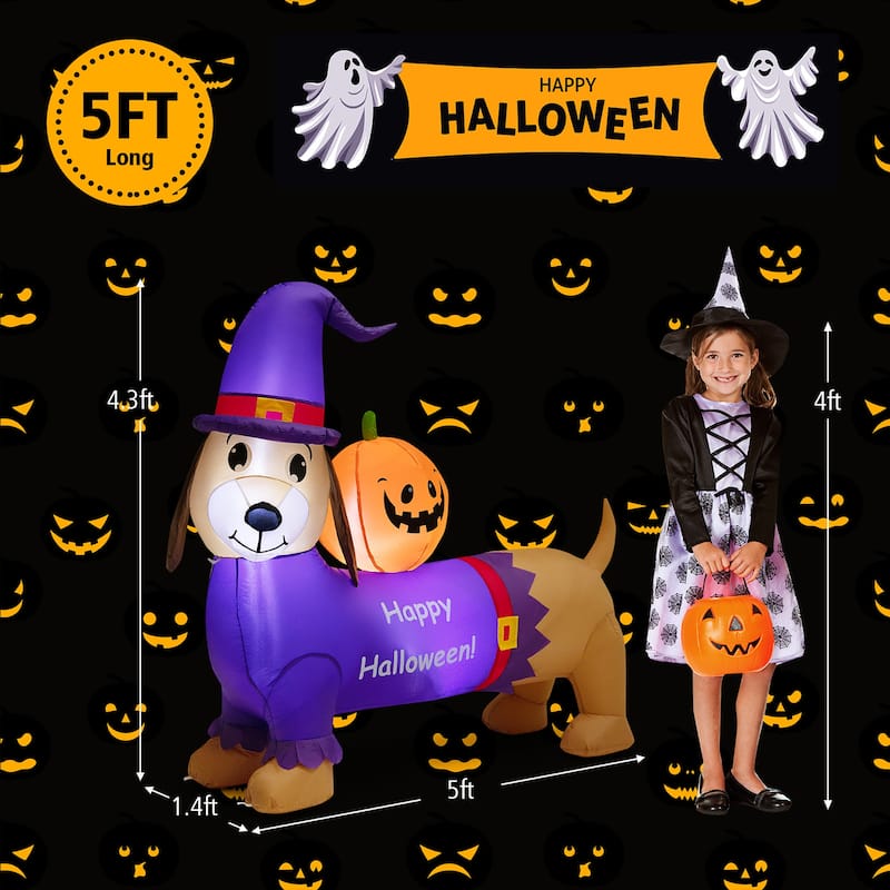 Gymax 5FT Inflatable Halloween Dachshund Dog & Ghost Pumpkin Holiday