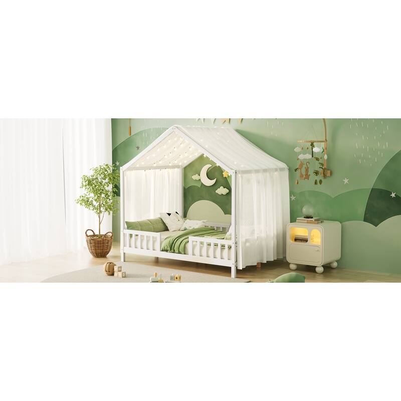 House-Shaped Full Bed Frame with Canopy and Railings for Kids, White