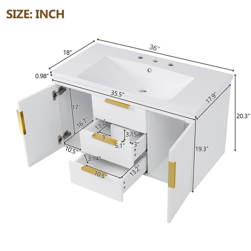 36''Floating Bathroom Vanity - Solid Wood Wall-Mounted Cabinet with Resin Sink & 2 Soft-Close Drawers.