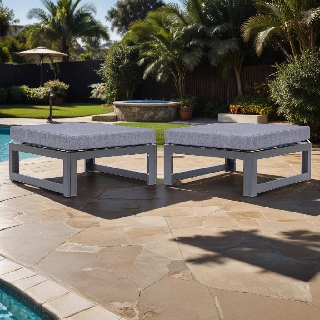 Chelsea Modern Outdoor Polyester Cushions Aluminum Patio Ottoman with Slatted Seat Design and Washable Cushion Covers Set of 2