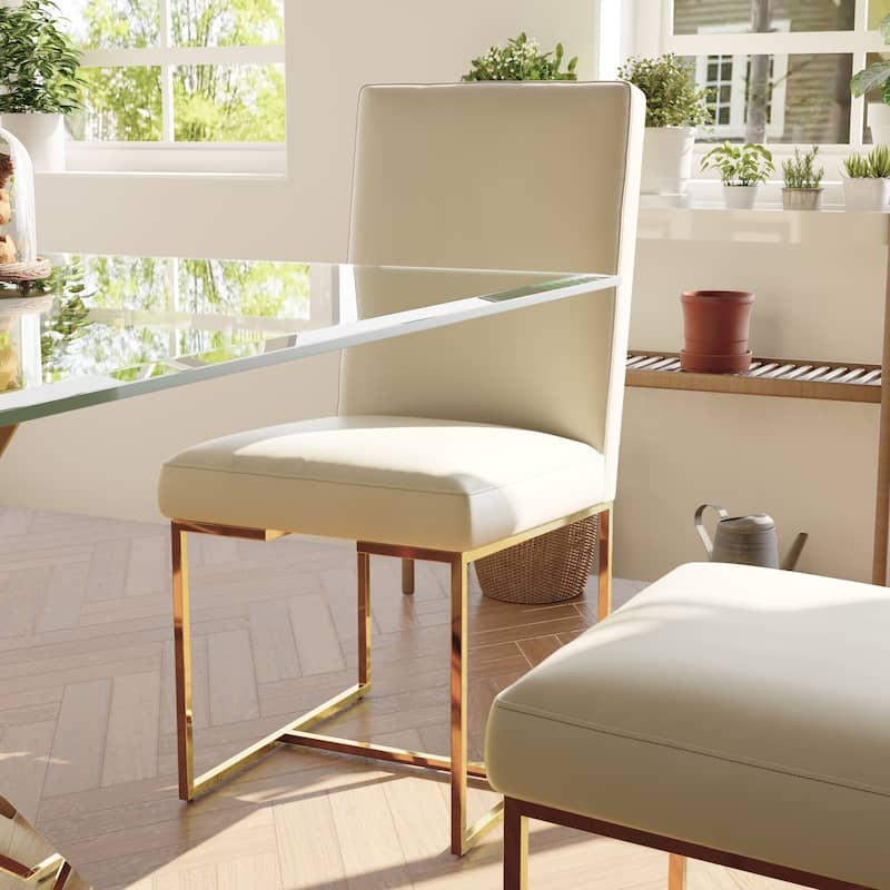 Luxury Gold Dining Table Set with 63 inch Glass Dining Table and White Leather Dining Chairs