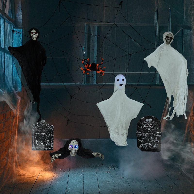 8-Piece Halloween Decorations Set with LED Eyes Ghosts Gravestones Skeleton and Giant Cobweb