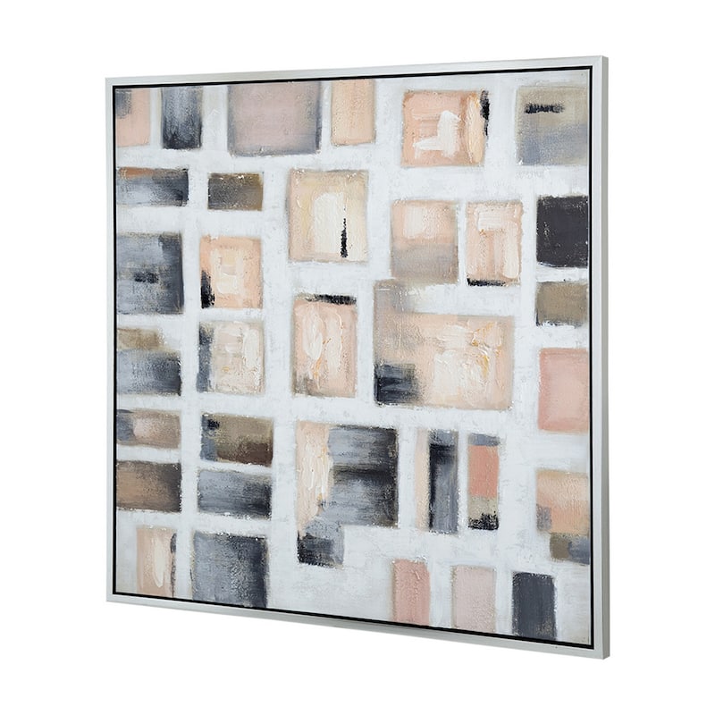 39 x 39 Framed Handpainted Wall Art, Cornerstone Square, Canvas, White Gray
