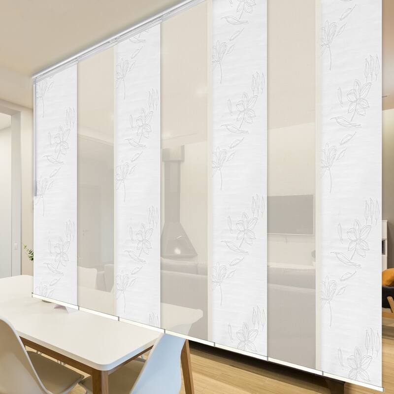 InStyleDesign 7-Panel Single Rail Panel Track Extendable 110"-153"W x 94"H, Panel width 23.5", Floret, White Sieve.