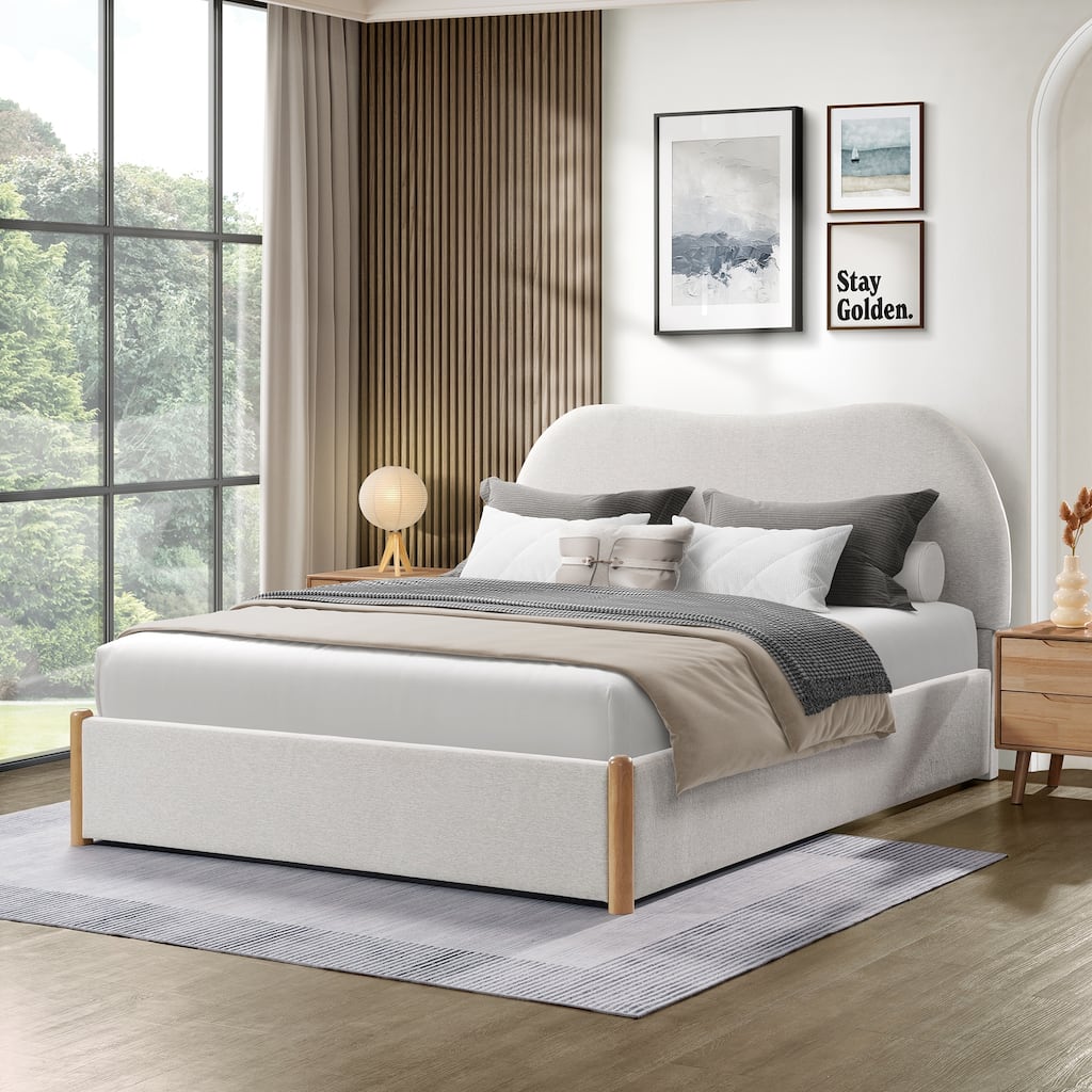 Low-Profile Platform Bed Frame, Queen Linen Upholstered Bed Grounded Bed with Curved Headboard & Solid Wood Leg