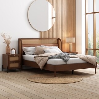 3-Pieces Bedroom Furniture Sets Rattan Platform Bed Queen Bed