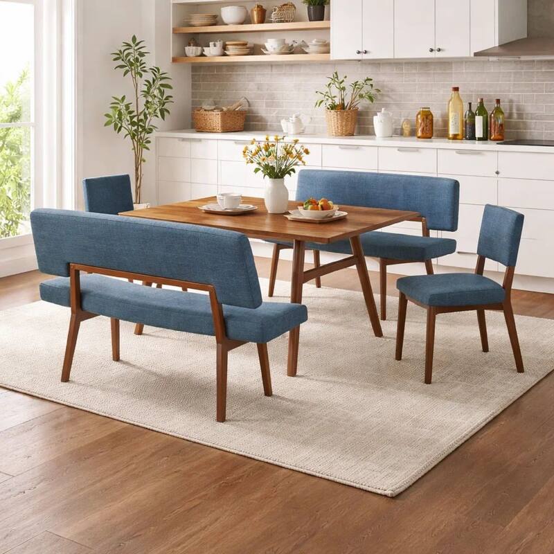 Yumi 5 Piece Dining Table Set, Chairs and Benches, Blue Fabric, Wood Brown